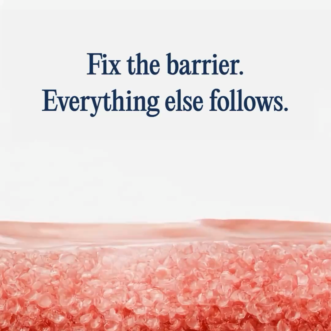 Animation still showing a damaged skin barrier: cracked gaps between skin cells letting moisture escape and irritants through.