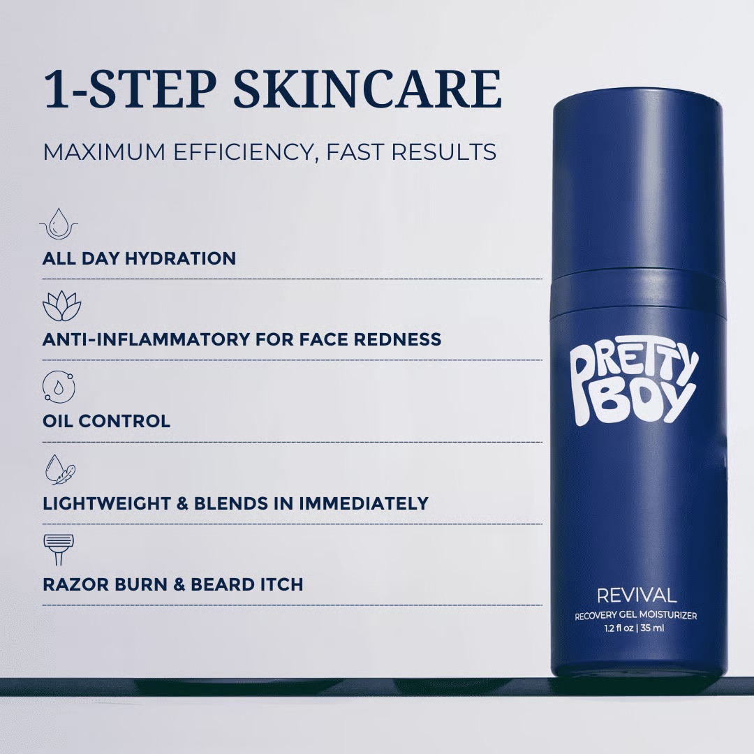 PrettyBoy Revival 1-step skincare: all day hydration, anti-inflammatory for face redness, oil control, lightweight and blends in immediately, razor burn and beard itch.